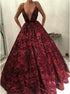 Ball Gown Deep V Neck Floor Length Dark Red Lace Prom Dress with Beadings LBQ1290